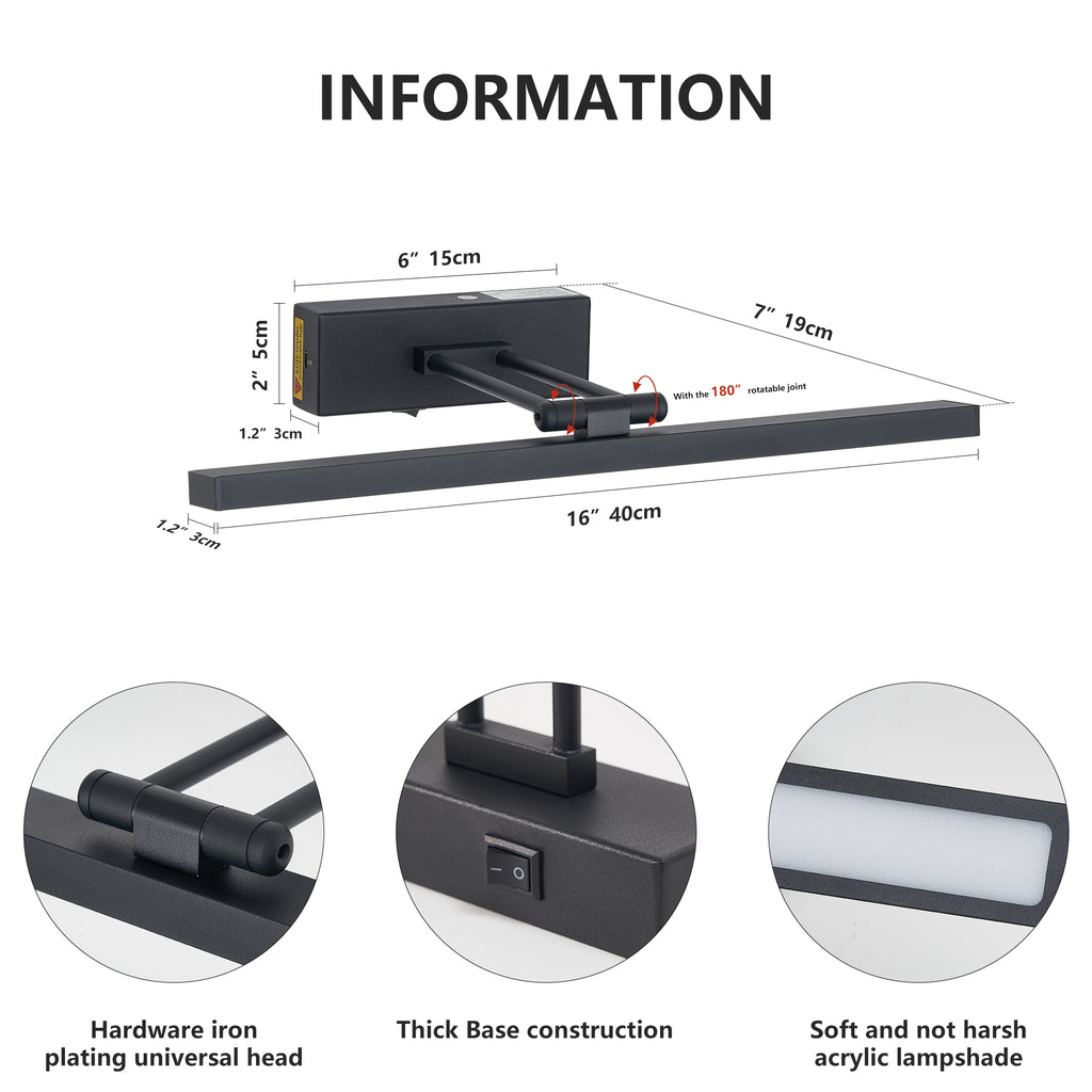 Picture Light Battery Operated With Remote, LED Black Art Lights For Paintings Rechargeable Dimmable And Timer, 16in Wall Sconce For Art Painting Gallery Adjustable Swing Arm For Display