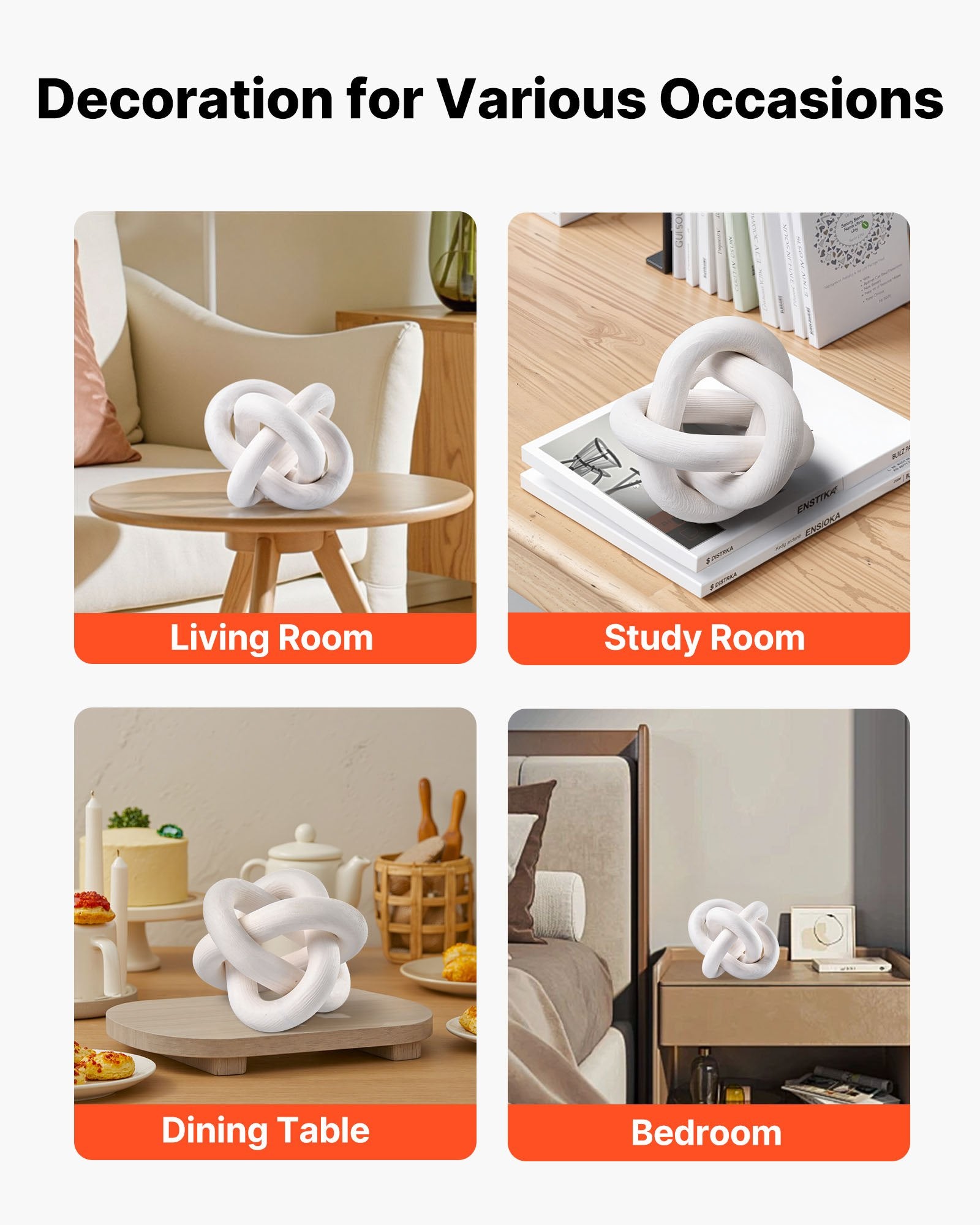 Wood Chain Link Decor, 3 Link, Hand Carved Wooden Knot Decor, Coffee Table Decoration Modern Shelf Accents, Decorative Objects For Home Living Room Bedroom Entryway Farmhouse Bookshelf, White