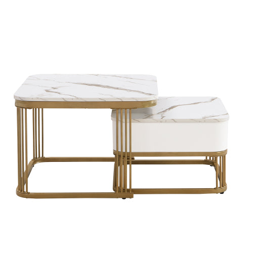 Nestable Coffee Table High Gloss Marble Exterior, Gold Accents, Side Table With Drawer. Set Of Two