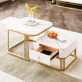 Nestable Coffee Table High Gloss Marble Exterior, Gold Accents, Side Table With Drawer. Set Of Two