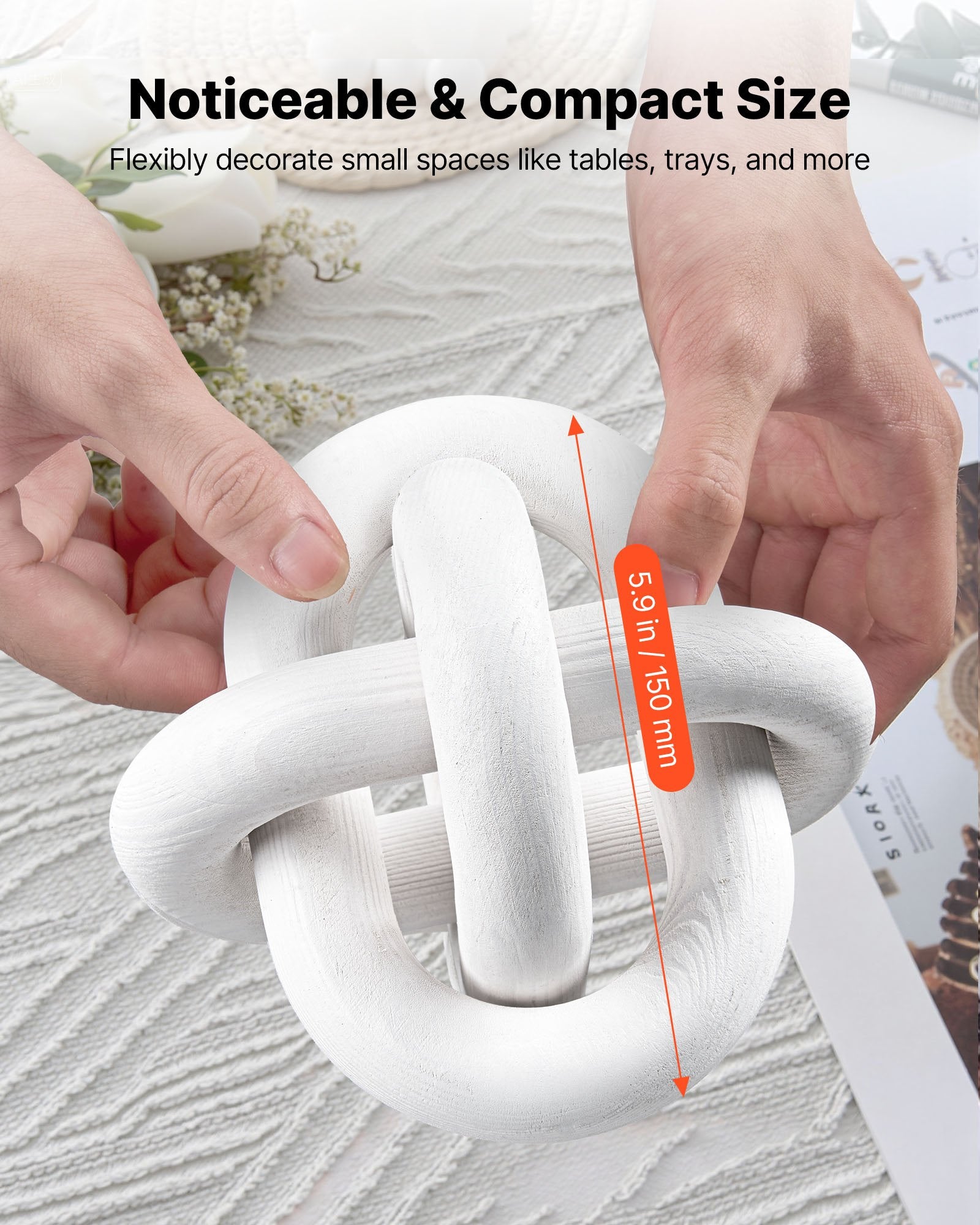 Wood Chain Link Decor, 3 Link, Hand Carved Wooden Knot Decor, Coffee Table Decoration Modern Shelf Accents, Decorative Objects For Home Living Room Bedroom Entryway Farmhouse Bookshelf, White