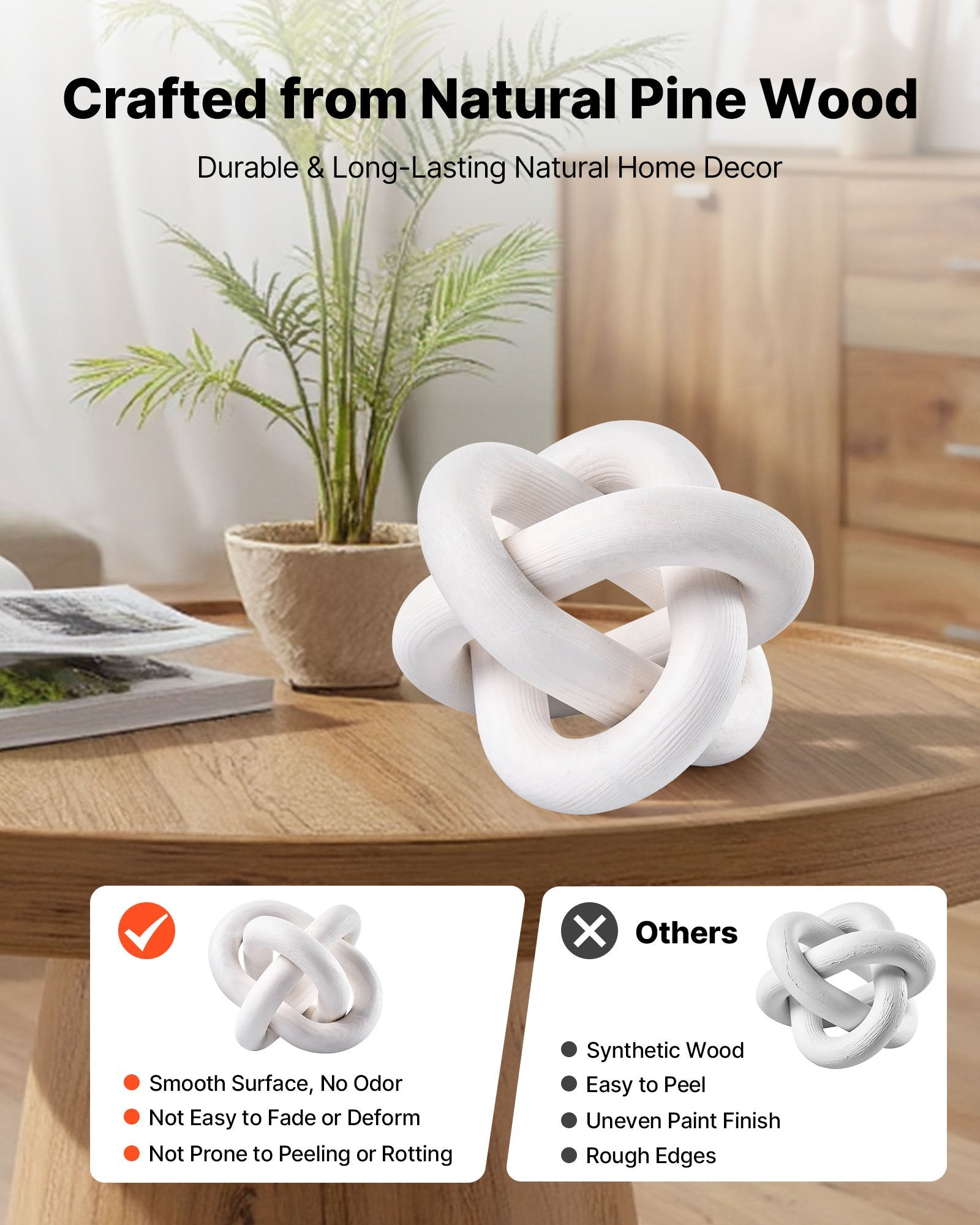 Wood Chain Link Decor, 3 Link, Hand Carved Wooden Knot Decor, Coffee Table Decoration Modern Shelf Accents, Decorative Objects For Home Living Room Bedroom Entryway Farmhouse Bookshelf, White