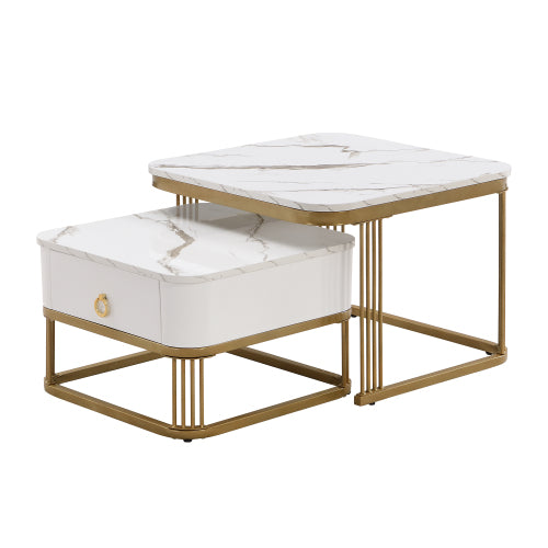 Nestable Coffee Table High Gloss Marble Exterior, Gold Accents, Side Table With Drawer. Set Of Two