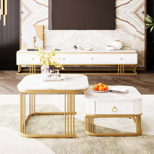 Nestable Coffee Table High Gloss Marble Exterior, Gold Accents, Side Table With Drawer. Set Of Two